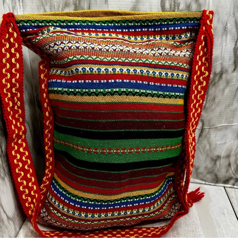 Vintage Multicolor Woven Hobo Tote Bag Boho Festival Fairycore Western Tassels